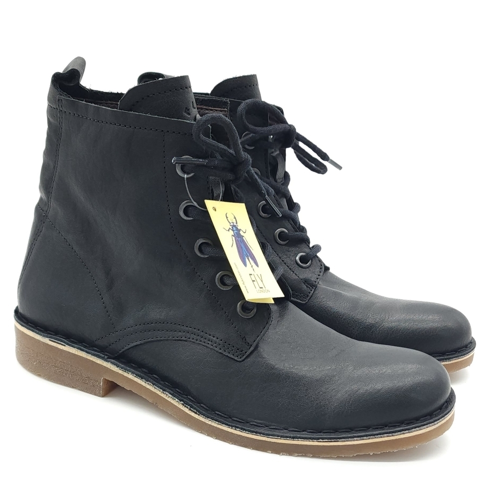 Fly London Black Leather Lace-Up Ankle Boots